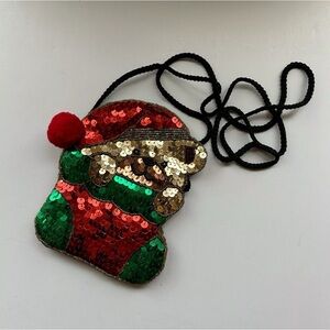Christmas Sequin Teddy Bear Santa Hat Holiday Stocking Coin Crossbody Purse